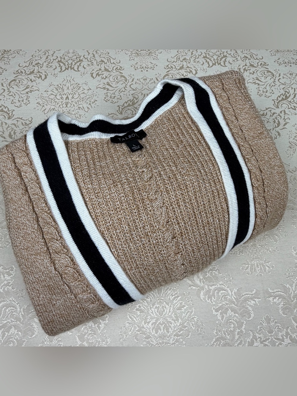 Talbots Camel V-Neck Cable Knit Sweater Cardigan with Black & White Trim Large